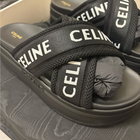 Celine Black Logo Cross-Strap Slide Sandals - Picture 4 of 5